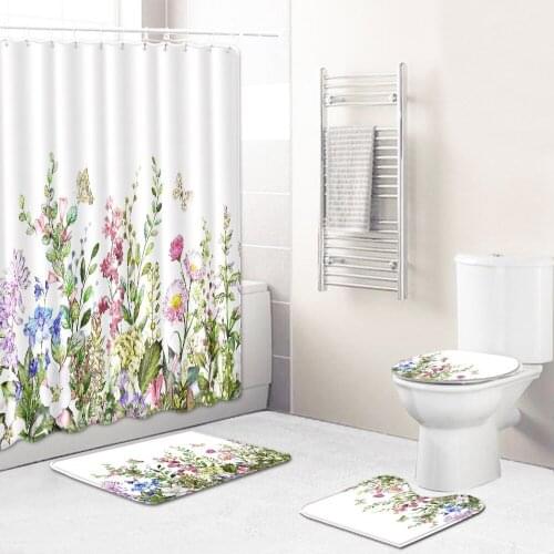 Floral Bathroom Set Bbath Mat and Shower Curtain Set with Hooks Non Slip Shower Room Foot Pads Bathroom Toilet Carpet Rugs 4Pcs