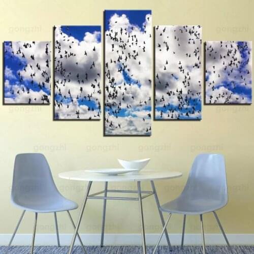 5Pcs Blue Sky White Clouds Black Birds Flying Natural Scenery Photography Hd Printing Frameless Canvas Modern Decoration Poster
