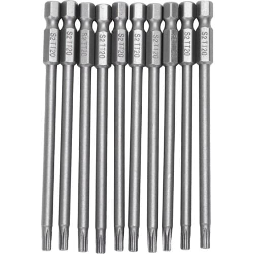 BMBY-10pcs 100mm Length 1/4 inch Hex Shank T20 Torx Security Screwdriver Bits, Silver Gray