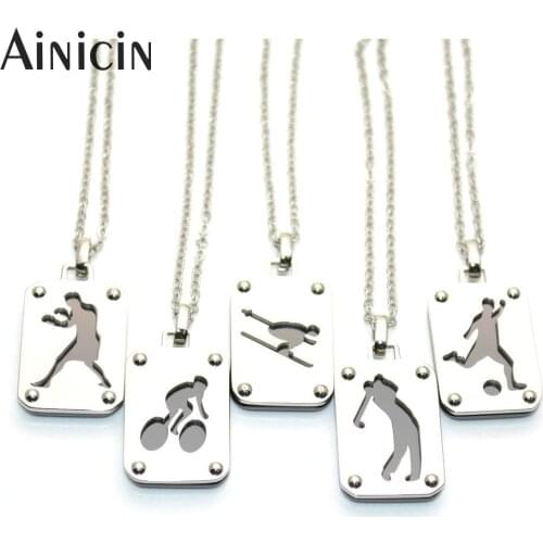 1pc Sport Series 304L Stainless Steel Pendants Football Boxing Cycling Golf Soccer 50cm Chain Necklace