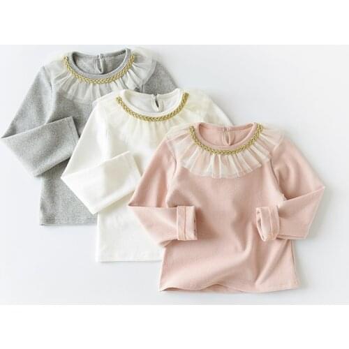 Brand Autumn Teenager Girls Long Sleeve T-Shirts Cotton Lace Layer Collar Blouse Childrens Shirt Baby Clothes Princess Blouses