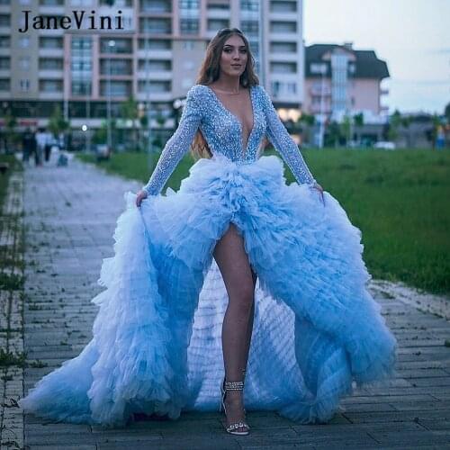JaneVini Sparkly Sequins Tiered Ruffles Sky Blue Prom Dresses Long Sleeve Beaded Deep V Neck High Split A Line Tulle Party Dress