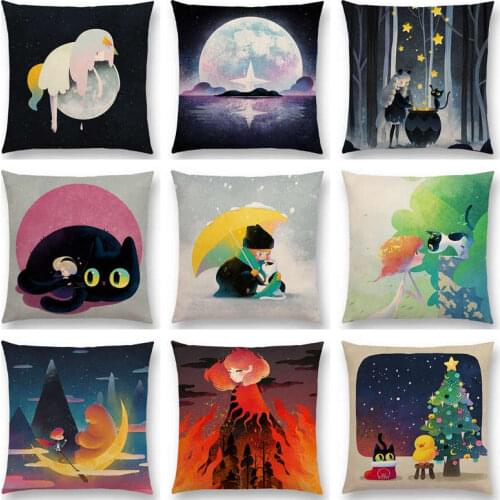 Colorful Dreams Lovely Cat Little Animals Cute Girls Magical Sun Moon Star Cushion Cover Car Home Decor Sofa Throw Pillow Case