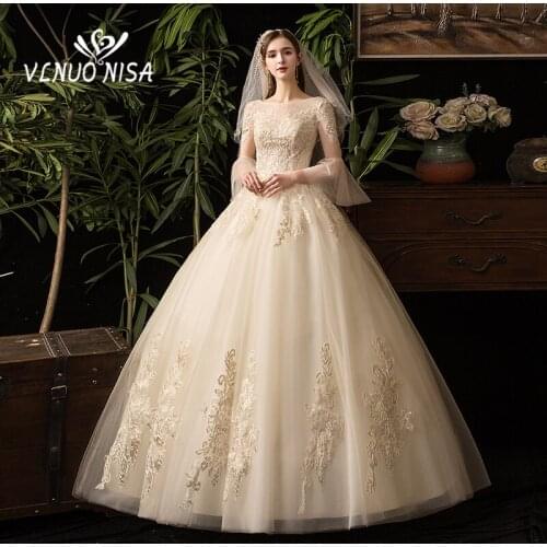 100% Real Photo Robe De Mariee Lace Applique Wedding Dress Boat Neck Flare Sleeve Plus Size Bridal Ball Gown Vestido De Noiva 30