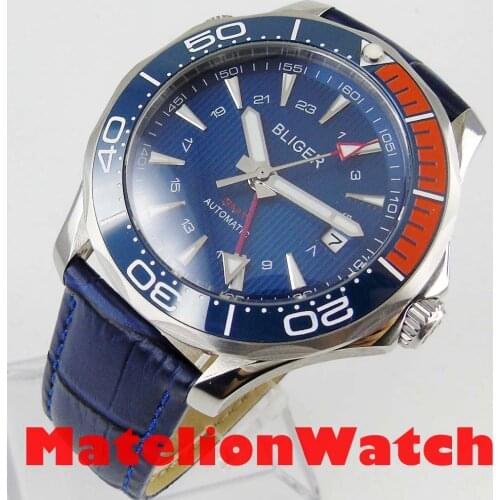 2019 New 41mm Bliger GMT red Automatic watch men Luxury mechanical waterproof blue dial leather strap ceramic luminous 928