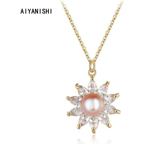 AIYANISHI 18K Gold Filled Natural Freshwater Pearl Necklace Fashion Handmade Snowflake Chain Necklace For Women Charm Necklaces