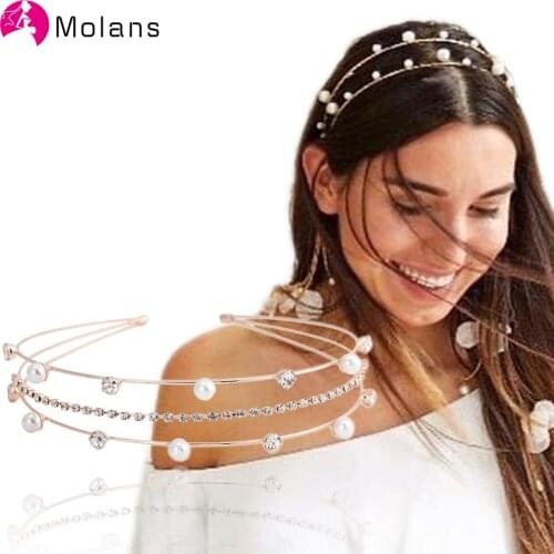 Molans Silver Rhinestone Diadem Headbands Crystal Tiara Bridal Hairband with Pearls Gold Sturdy Band Women Hairbands Headbands