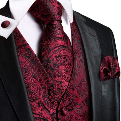 Hi-Tie Black Burgundy Paisley Silk Mens Slim Waistcoat Necktie Set For Suit Dress Wedding 4PCS Vest Necktie Hanky Cufflink Set