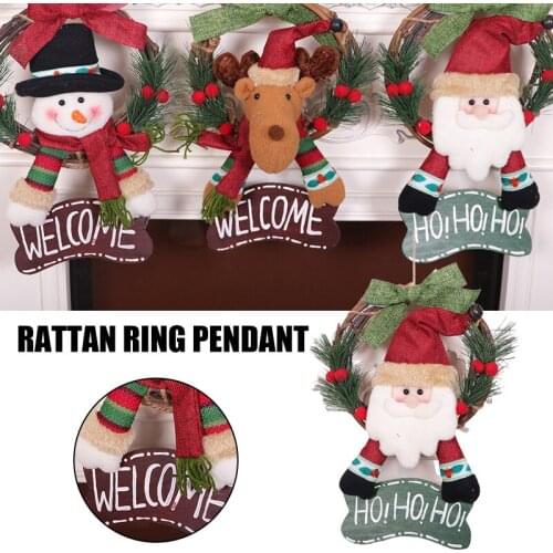 Christmas Wreath Front Door Welcome Sign Decor with Santa/Snowman/Elk Doll Hanging Home Party Garland for Wall Window PI669