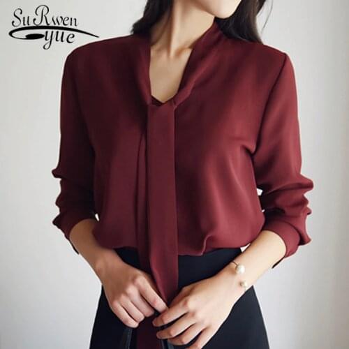 2021 spring new Casual Cute Female Loose Shirts Tops llong-sleeved bow tie Korean loose chiffon shirt womens blouse 699C 30