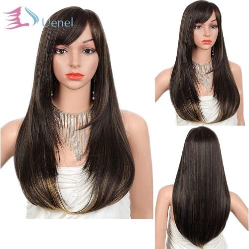 Uenel Synthetic Womens Wig With Hair Bangs Centre Parting Long Straight Heat Resistant Synthetic Hair wig for Women