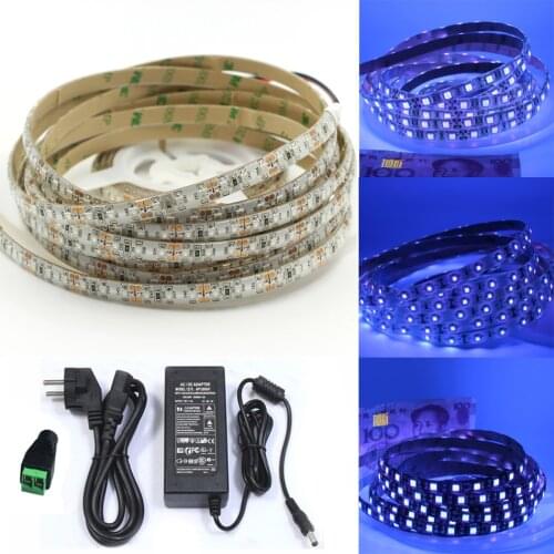 UV LED Strip Light SMD 5050 395-405nm Ultraviolet Ray Diode Ribbon Purple Flexible Tape lamp + power adapter +connecting wire