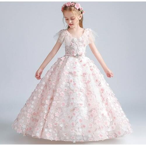 High-Grade Children Girls Exquisite Design Appliques Flowers Birthday Wedding Party Princess Prom Dress First Communication Wear