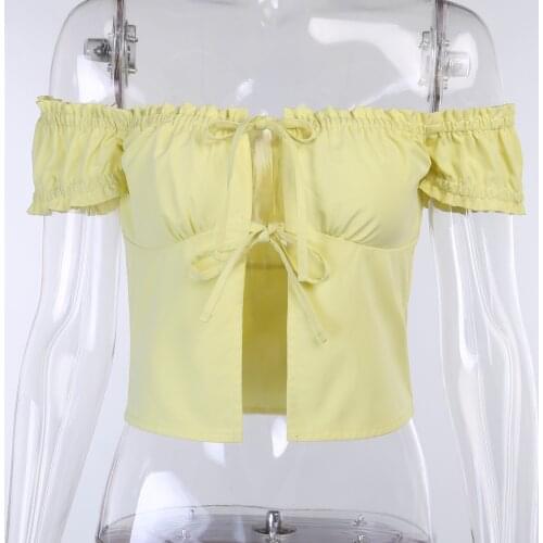 Women Cropped Shirts 2021 Off Shoulder Crop Top Women Hollow Out Front Bandage Lace Up Summer Split Hem Ruffle Sleeve