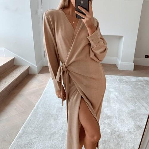 Long Women Knitted Wrap Dress Autumn Winter Oversize Elegant Day Dress Sexy V Neck Knitwear Robe 2020 Ladies Clothes