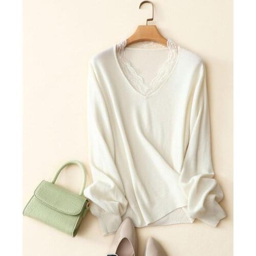100% cashmere v neck lace sweater women long sleeve casual white pullovers
