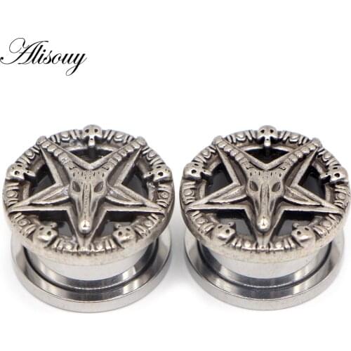 Alisouy 2pcs Skull Star ear plugs expanders Stainless Steel Punk Ear tunnels Strechers piercing body jewelry for men