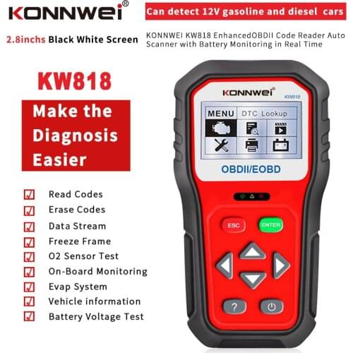 KONNWEI KW818 Enhanced OBDII ODB2 EOBD Car Diagnostic Scanner 12V Battery Tester Check Engine Engine Automotive Code Reader Tool