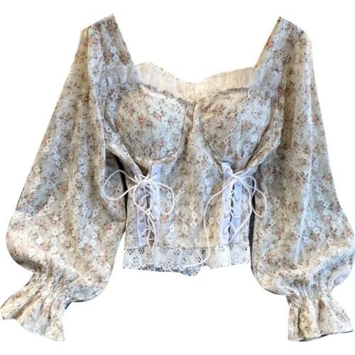 Autumn Fashion Sexy Lace Square Collar Design Sense Girl Sweet Niche Bandage Waist Slimming Blouse