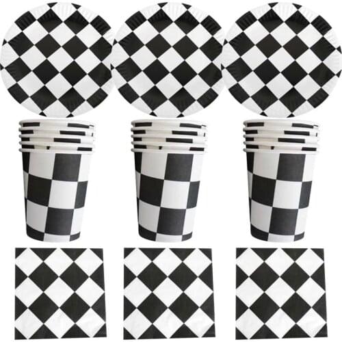 60pcs/lot Kids Favors Black And White Plaid Theme Plates Happy Birthday Party Cups Napkins Baby Shower Decorate Towel Dishes