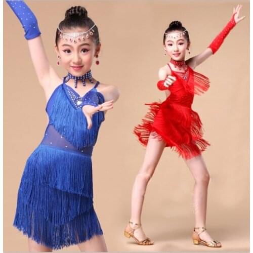 Girls Kids Children Modern Ballroom Latin Dance Dress Green Fringe Salsa Tango Dance Wear Black Performance Stage Wear