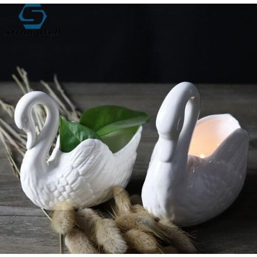 White Swan Ceramic Flower Pot Multifunction Candlestick Wedding Gifts Holder Ornaments Home Decoration Storage Oranments