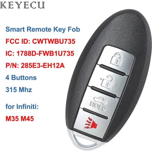 Keyecu Smart Remote Key Fob 4 Buttons for Infiniti M35 M45 Car Key 2006 2007 2008 2009 2010, FCC ID: CWTWBU735 / CWTWBU618