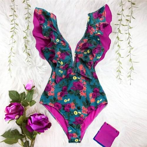 Richkeda Store New 2021 Sexy Ruffle Floral Print One Piece Swimsuit Women Solid Deep V-neck Push Up Swimwear Summer Beachwear