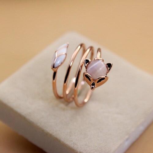 Fashion Cute Rose Gold Multi-Circl Twines Fox Rings High Quality Pink Crystal Opals Stone Ring Size Adjustable Open Ring
