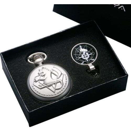 Fashion Anime Fullmetal Alchemist Edward Silver Bronze Men Quartz Pocket Watch Necklace Pendant Cosplay Costume Props Gift Set