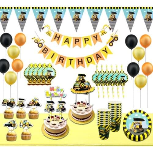 Cartoon Car Construction Tractor Theme Childrens Birthday Party Decoration Supplies Disposable Tableware Paper Cup Plate Napkin