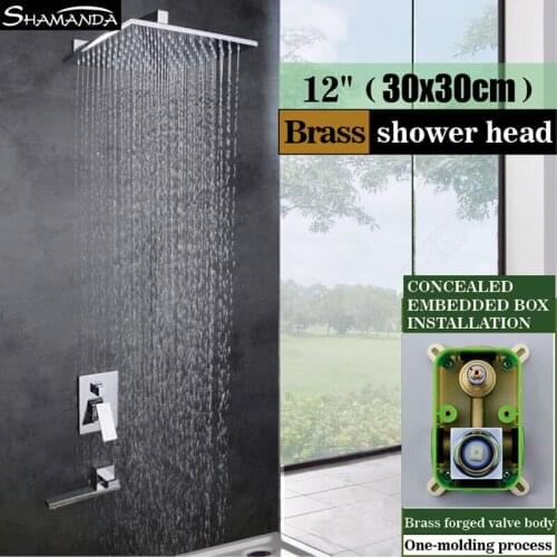 Solid Brass Chrome Concealed Embedded Box Wall Mounted Shower Set with Bathtub Rotatable Spout 8/10/12 Inch Rain Shower Head