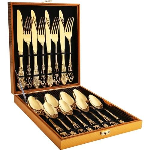 16pcs Dinnerware Set Gold Cutlery Stainless Steel Royal Spoon Cutlery Forks Knives Spoon Western Tableware With Wooden Box Gift