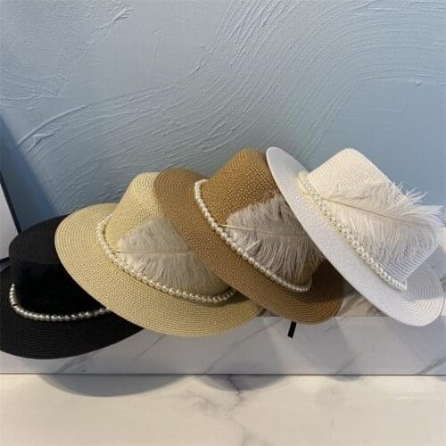 New Summer Handmade Fine Fairy Feather Pearl Design French Style Lady Fedoras Cap Women Leisure Panama Jazz Hat Gorros