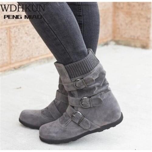 New Women Warm Snow Boots Arrival Flat Plush Casual Ladies Shoes Plus Size Autumn Winter Buckle Female Mid Calf Boots