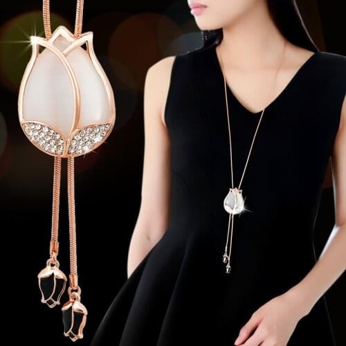 Fashion Jewelry Pink Rose Flower Long Chain Sweater Necklace For Women Gold Big Opal Necklaces Pendants Accessories Adjustable