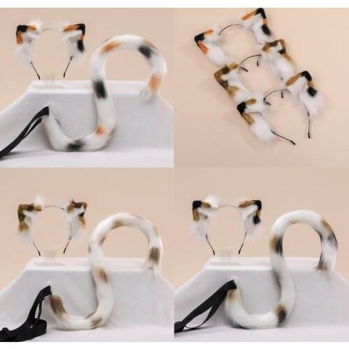 2Pcs Triple Color Plush Faux Fur Kitten Ears Headband Tail Set Christmas Halloween Party Festival Anime Cosplay Costume