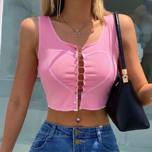 Pink Heart Print Y2k Crop Top Women Fashion Cutout Sleeveless E Girl 90s Aesthetic Tank Tops Vests Festival Rave Party Clubwear