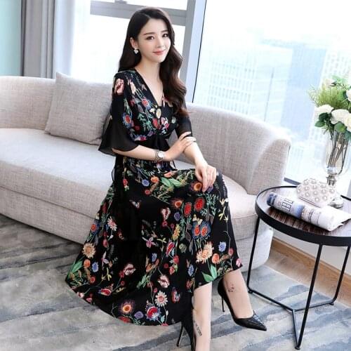 KMETRAM Vintage Chiffon Summer Dress Women Floral Korean Maxi Dress Elegant Ladies Dresses Black Plus Size Dress Vestidos MY5382