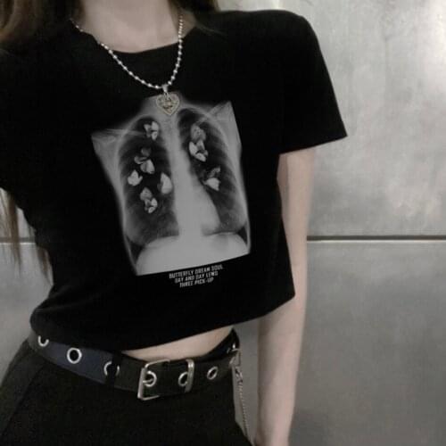 Art Sternum Butterfly Print Vintage Short T-Shirts Punk Hip Hop Streetwear Goth Harajuku Chic Casual Loose Summer Women Corp Top