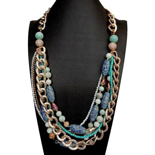 Y.YING 6 Rows Multi Strands Necklace Blue Amazonite Crystal Pave Statement Jewelry 28" statement necklace