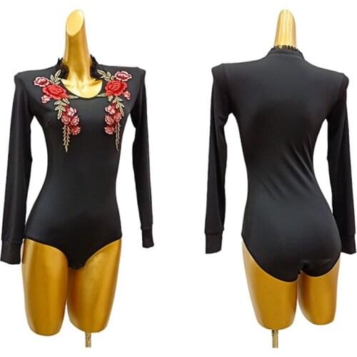 Ballroom Dance Tops Women Black Embroidery Lace Long Sleeve Tops Club Prom Dress Latin Tango Waltz Dance Costume Jumpsuit 1684