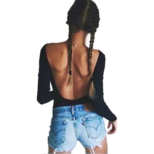 2019 Summer 95% Cotton Backless Sexy Womens Jumpsuits Solid Black Rompers Female nude bodysuit top playsuits Negro Active T0484