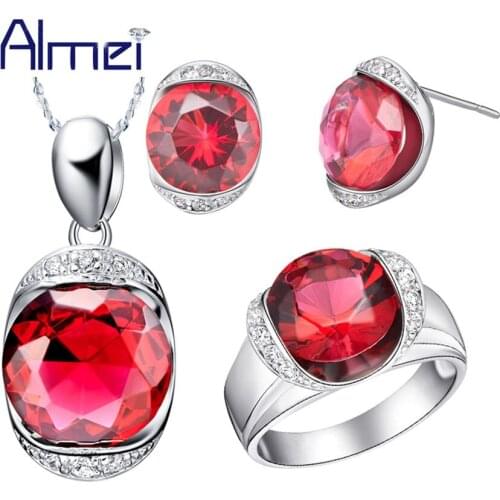 Almei Bridal Jewelry Sets Lady Silver Red/Blue Crystal Pendant Wedding Earrings Rings for Women Joyas Parure Bijoux Femme T088