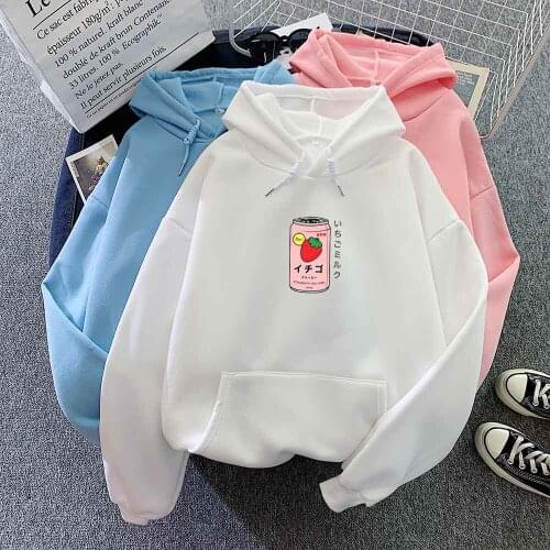 2020 Kawaii Pocket Strawberry Milk Cute Hoodies for Teens Girl Women Tops Long Sleeve Female Casual Sweatshirt Korean Tops