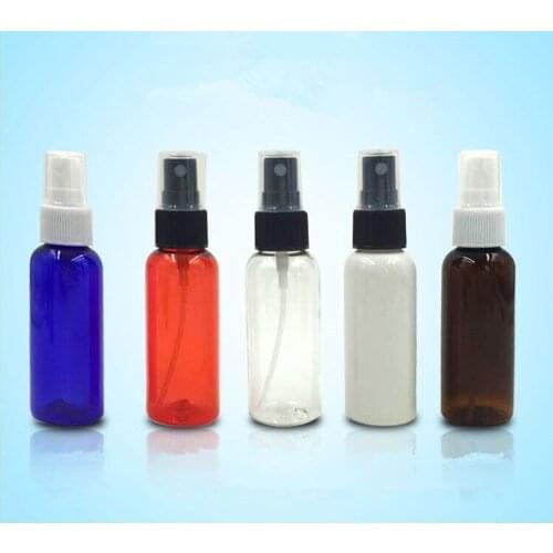 50ps Wholesale Empty New, High Quality, 50 ml, Colorful Plastic refillable Bottles, with Black ,white, cler Fine Mist Sprayers