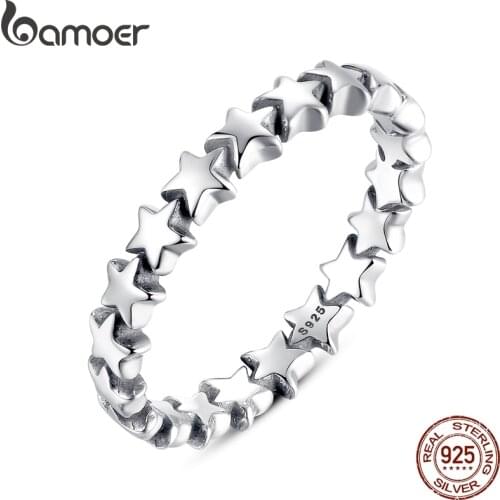 BAMOER 2020 HOT SALE Silver 925 Star Ring For Women Wedding 100% 925 Sterling Silver Stackable Finger Ring Jewelry PA7151