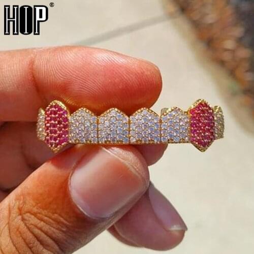 Hip Hop Iced Out Micro Pave Full CZ Teeth Grillz Bottom Charm Grills For Men Women Jewelry Gold Color