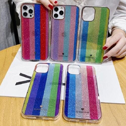 For iPhone 12 11 Pro XR XS Max Cute Gradient Glitter Rainbow Phone Case Candy Color Shockproof Soft Bumper Cover On SE2 7 8 Plus