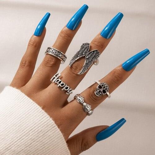 Docona 5pcs/set Punk Halloween Skull Silver Color Ring Sets for Women Men Gothic Pumpkin Angel Wings Open Party Jewelry 20425